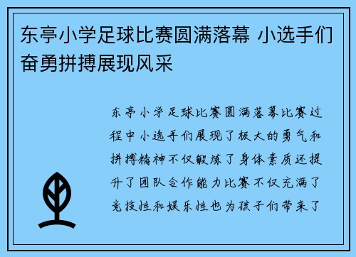 东亭小学足球比赛圆满落幕 小选手们奋勇拼搏展现风采