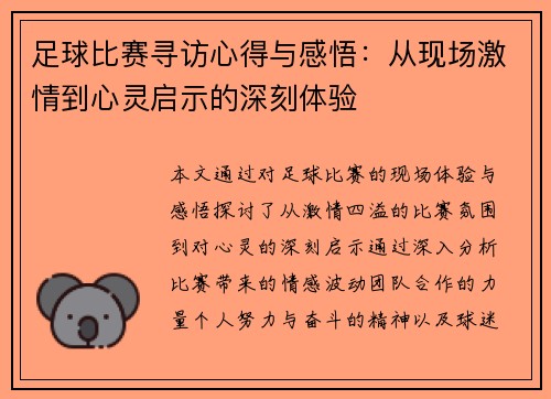 足球比赛寻访心得与感悟：从现场激情到心灵启示的深刻体验