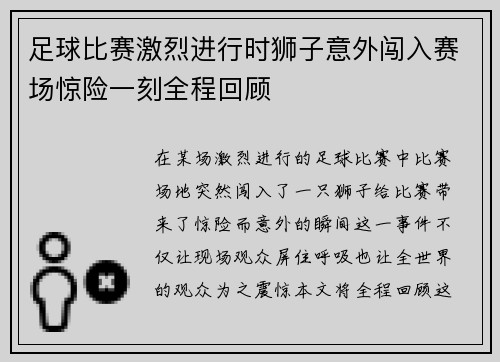 足球比赛激烈进行时狮子意外闯入赛场惊险一刻全程回顾