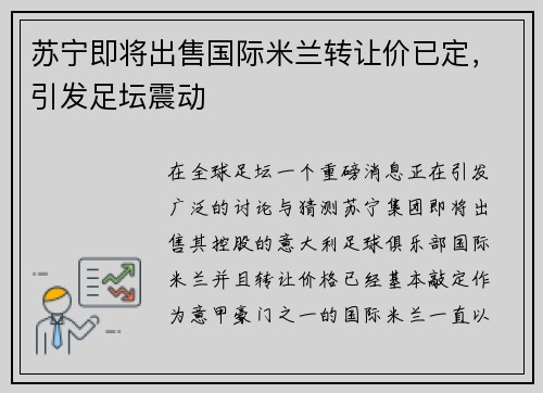 苏宁即将出售国际米兰转让价已定，引发足坛震动