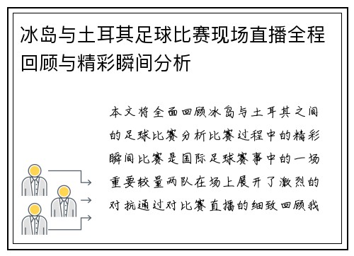 冰岛与土耳其足球比赛现场直播全程回顾与精彩瞬间分析