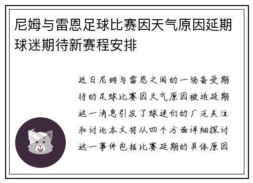 尼姆与雷恩足球比赛因天气原因延期球迷期待新赛程安排