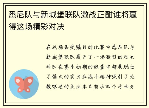 悉尼队与新城堡联队激战正酣谁将赢得这场精彩对决