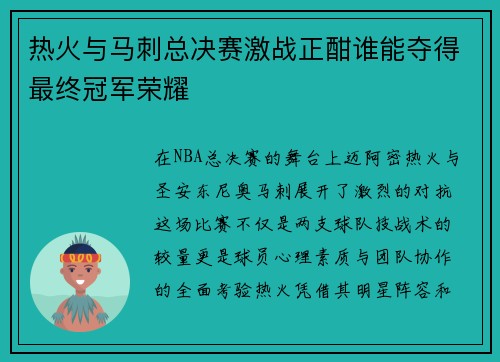 热火与马刺总决赛激战正酣谁能夺得最终冠军荣耀