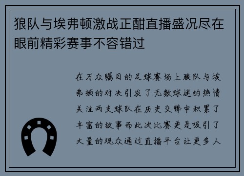 狼队与埃弗顿激战正酣直播盛况尽在眼前精彩赛事不容错过