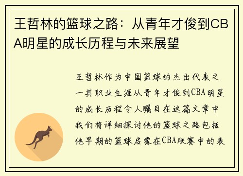 王哲林的篮球之路：从青年才俊到CBA明星的成长历程与未来展望