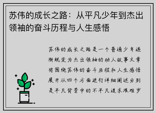 苏伟的成长之路：从平凡少年到杰出领袖的奋斗历程与人生感悟