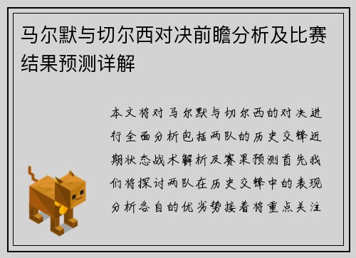 马尔默与切尔西对决前瞻分析及比赛结果预测详解