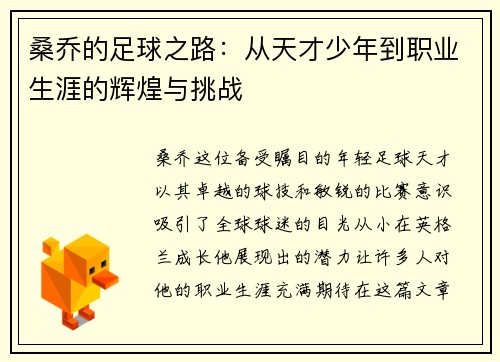 桑乔的足球之路：从天才少年到职业生涯的辉煌与挑战
