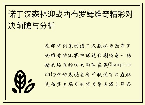 诺丁汉森林迎战西布罗姆维奇精彩对决前瞻与分析