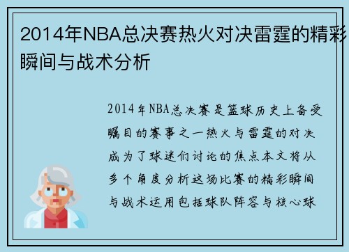 2014年NBA总决赛热火对决雷霆的精彩瞬间与战术分析