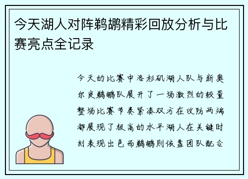 今天湖人对阵鹈鹕精彩回放分析与比赛亮点全记录