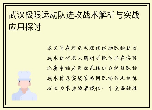 武汉极限运动队进攻战术解析与实战应用探讨