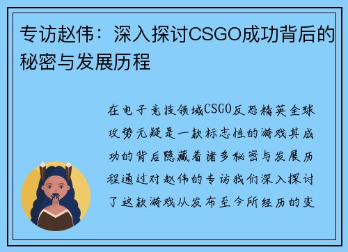 专访赵伟：深入探讨CSGO成功背后的秘密与发展历程